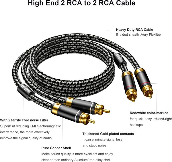 Audiophiles RCA Cable, 2RCA Male to 2RCA Male HiFi System Silvered-Plated Copper core with ferrite cores, Diameter 6.5mm (2m (6.5 Feet)) - Image 3