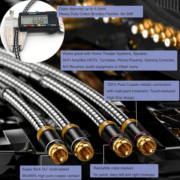 Audiophiles RCA Cable, 2RCA Male to 2RCA Male HiFi System Silvered-Plated Copper core with ferrite cores, Diameter 6.5mm (2m (6.5 Feet)) - Image 4